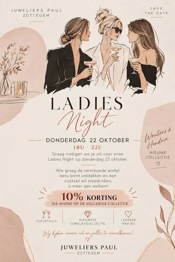 Flyer Ladies Night bij Juweliers Paul Zottegem op donderdag 22 oktober van 18u tot 22u