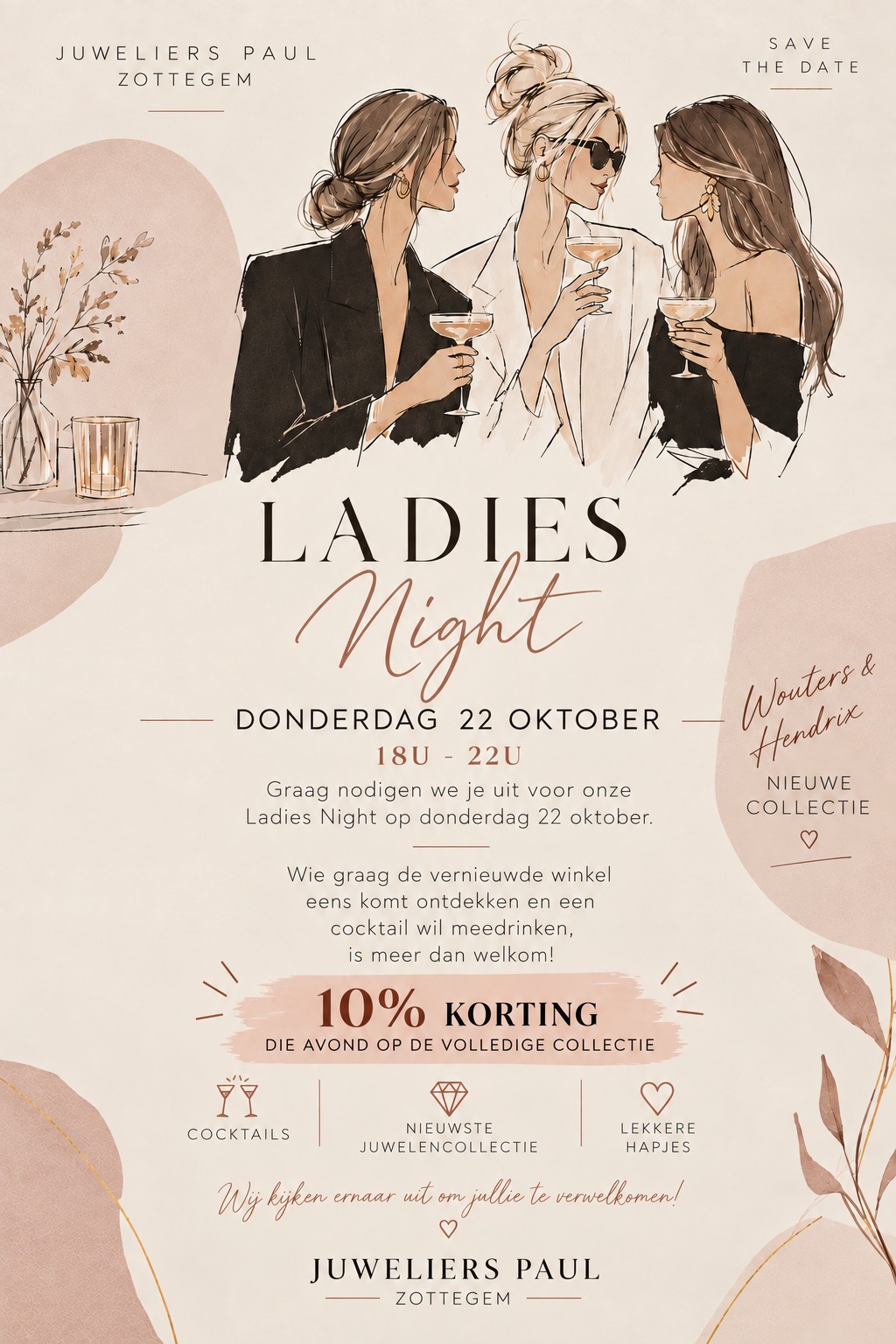 Flyer Ladies Night bij Juweliers Paul Zottegem op donderdag 22 oktober van 18u tot 22u